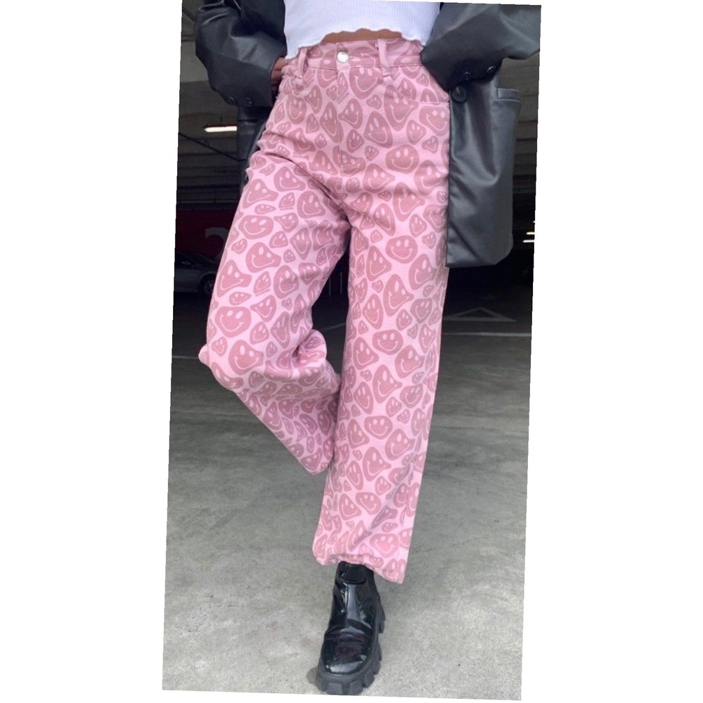 Shekou Pink Smiley Face Print High Waisted Wide Leg Jeans Womens Medium NEW